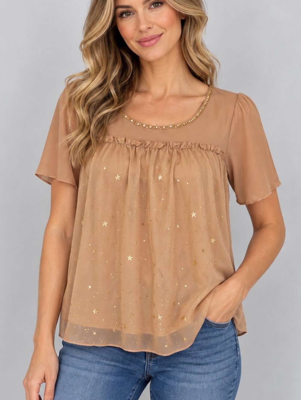 AXES FEMME Tan Metallic Stars Ruffle Tie Back Top